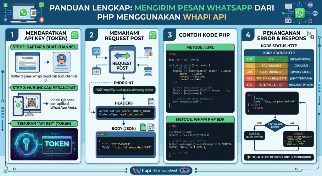 Pelajari cara mengirim pesan WhatsApp dari PHP menggunakan API Whapi, mulai dari API key, request POST, contoh kode, hingga penanganan error