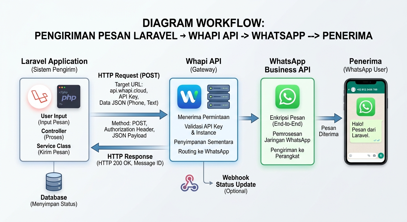 diagram workflow Laravel → HTTP Request → Whapi API → WhatsApp → penerima