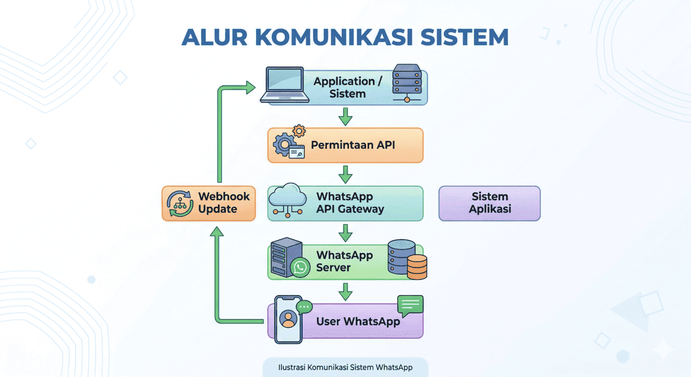 Gambar ilustrasi alur komunikasi sistem WhatsApp API Gateway