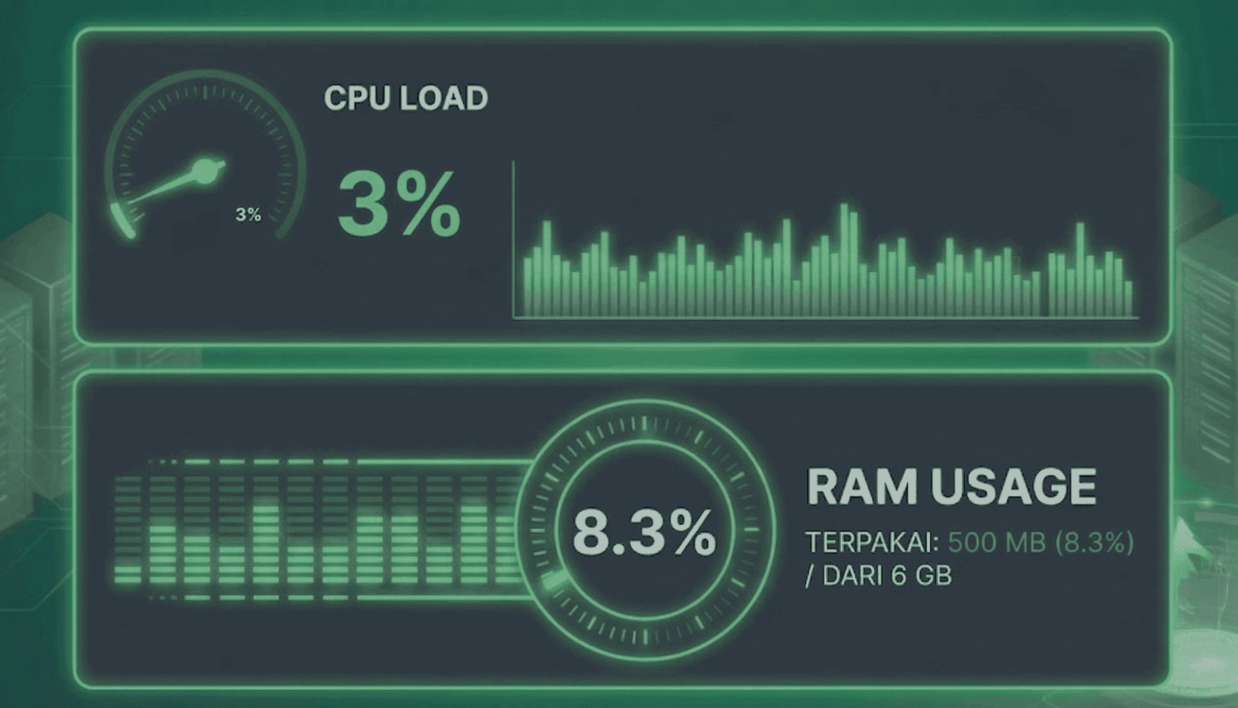 Visualisasi dashboard pemantauan dengan performa garis lurus dan stabil.
